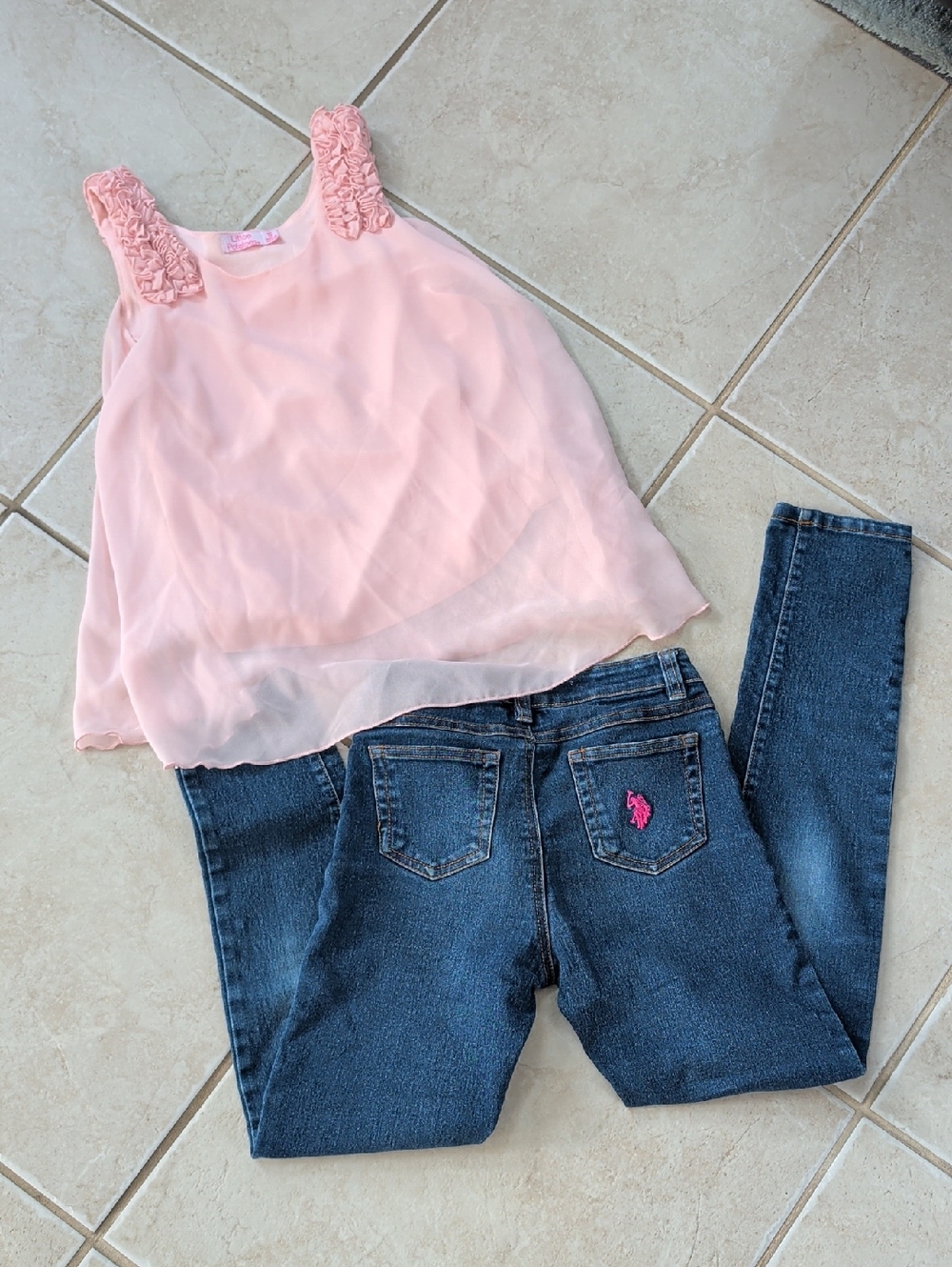 U.S. Polo Assn. Jeans Size 10 Girl Pink Chiffon Tank with Dark Blue Jeans Set